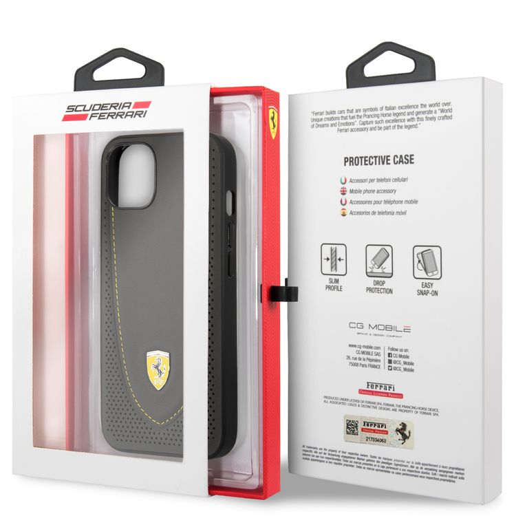 CG MOBILE Ferrari Genuine Leather Hard Case with Curved Line Stitched & Perforated Leather Compatible for iPhone 13 (6.1") Shock & Scratches Resistant