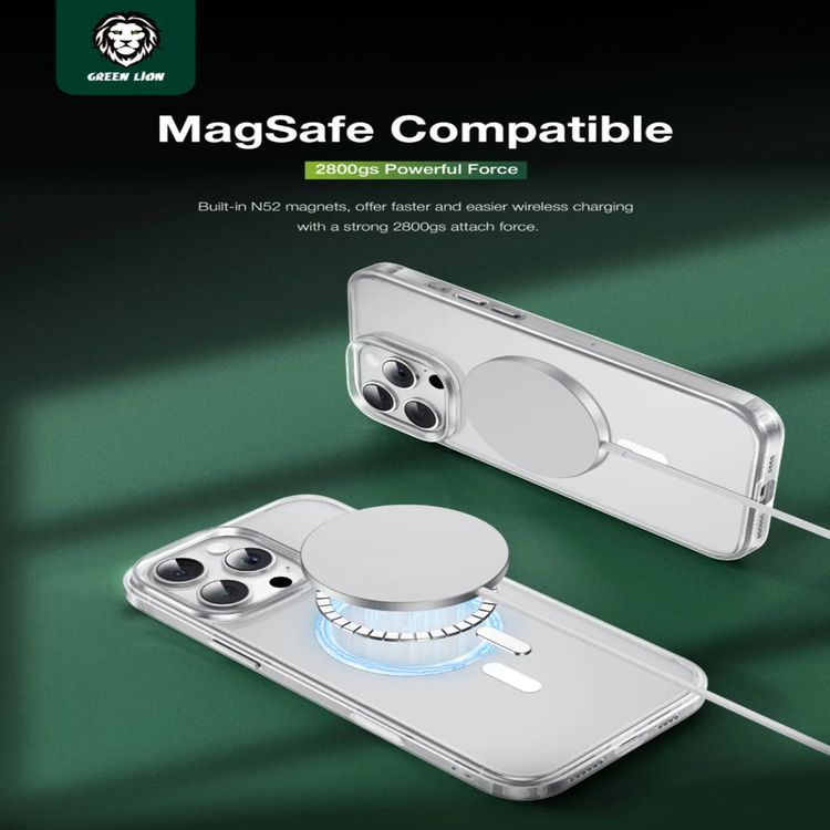 Green Lion Sense Crystal Clear Magsafe Case for iPhone 16 Pro, Camera Protection, Drop Protection, Magsafe Compatible, Strong Magnets, Anti-Scratch, Sense Button, Raised Edge - Clear