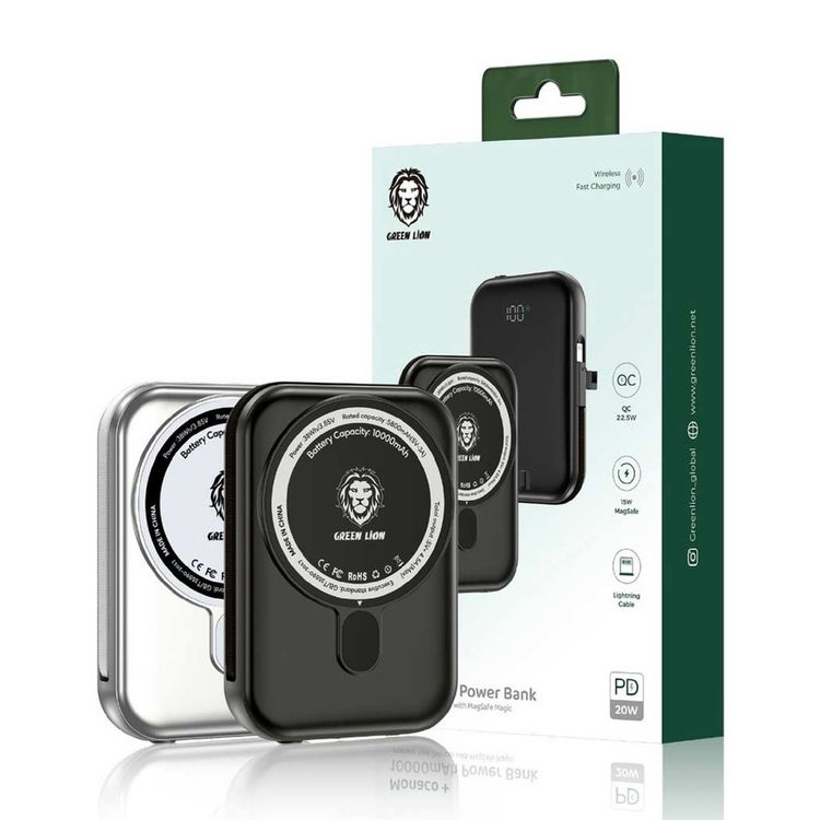 Green Lion Monaco 10000mAh Power Bank, PD20W+QC 22.5W with Magsafe Magic 15W, Compact & Powerful, Fast Charging, Magnetic Attraction - Silver