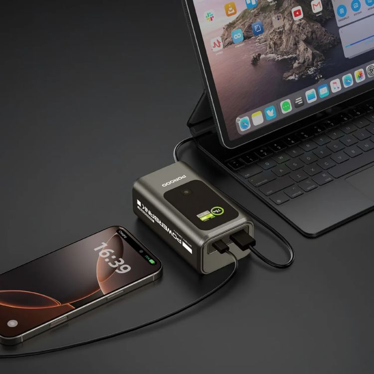 Porodo 10000mAh Mini Power Bank with Smart TFT Real-Time Display, 1×Type-C & 1×USB-A Port, 35W Power Delivery, 22.5W Quick Charge, Built-in Safeguards, Fast & Simultaneous Charging – Gray