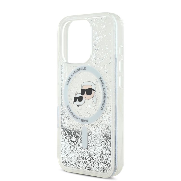 Karl Lagerfeld Magsafe Liquid Glitter Hard Case with Karl & Choupette Head for iPhone 16 Pro Max, Drop Protection, Shock Absorption, Precision Cutouts, Sparkling Glitter Design - Transparent
