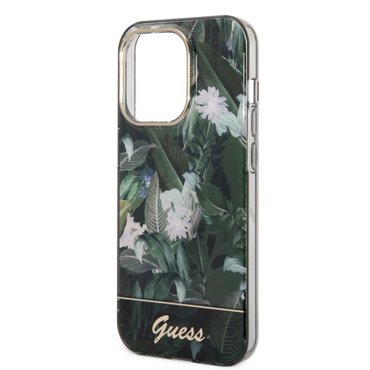 Guess PC/TPU IML Case with Double Layer Electroplated Camera Outline & Jungle Design iPhone 14 Pro Compatibility - Green