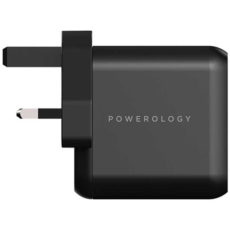 Powerology Compact 3-Output UK GaN Charger with 65W Power Delivery, Laptop Charging Compatibility, Reliable Companion, 0%-60% Charge in 35 Minutes - Black