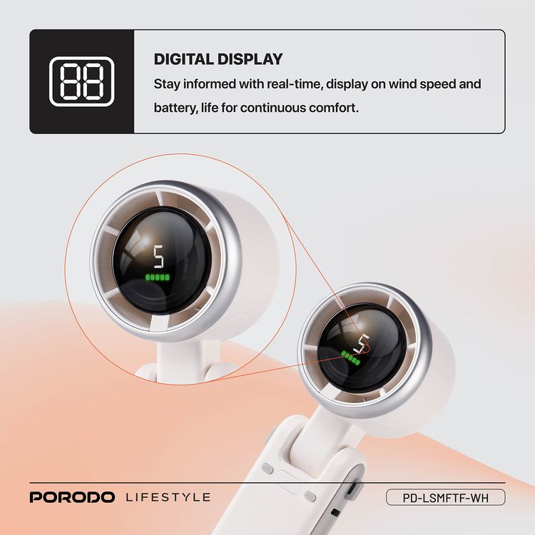 Porodo LifeStyle 3in1 Multi Functional 180° Foldable Handheld Turbo Fan, 3600mAh, 10 Hours Working Time, Type-C Charging Port,  Digital Display, 3.5 Hours Recharging Time - White