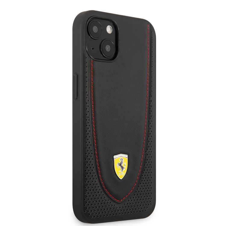 CG MOBILE Ferrari Genuine Leather Hard Case with Curved Line Stitched & Perforated Leather Compatible for iPhone 13 (6.1") Shock & Scratches Resistant