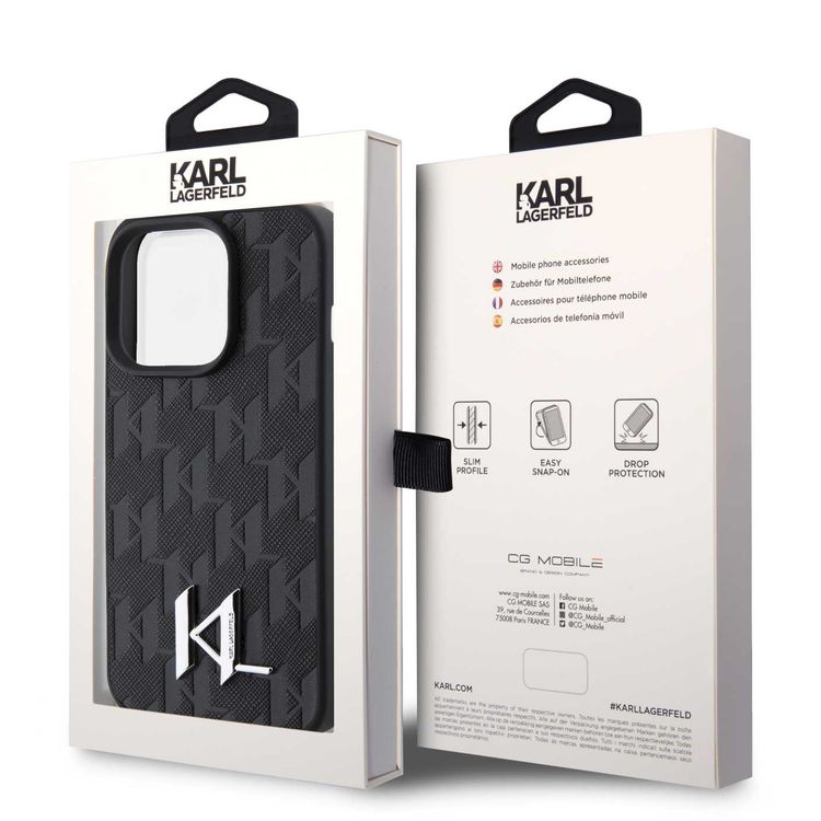 Karl Lagerfeld Hot Stamp Hard Case with Monogram KL Metal Logo for iPhone 15 Pro Max - Black