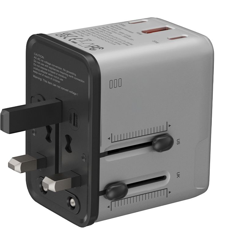Porodo 2300W Universal Travel Adapter with PD 20W, QC 18W, USB-A & Dual USB-C Ports, Multiple Device Charging, EU / UK / US Power Plugs, Universal Compatibility - Silver / Black