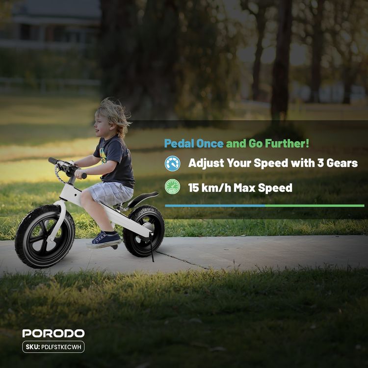 Porodo Lifestyle Joy Cruiser Kids Electric Bike with 2600mAh Battery Capacity, Maximum Speed 15Km/H, 3 Gears, LED Display, Brushless Motor - White