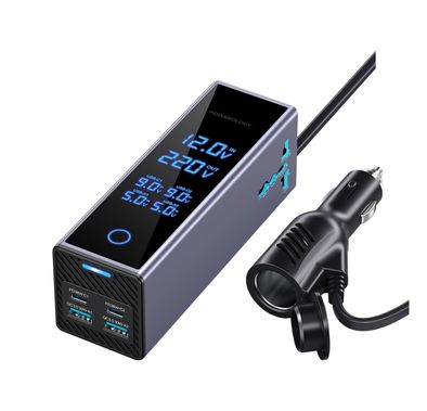 Powerology 300W Car Power Inverter with Voltage Monitor Display, Dual AC Outlets, Dual USB-A & Dual USB-C Ports, 36W Power Delivery, Simultaneous Charging Capability, 54cm DC Output Socket, Built-in Safeguards - Gray