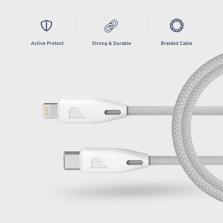 Powerology USB-C to Lightning Braided Cable with 2m Length, Fast Charging & Data Sync, Overheat & Overcurrent Protection, MFI Device Compatible, Fire-Resistant PVC Material - White