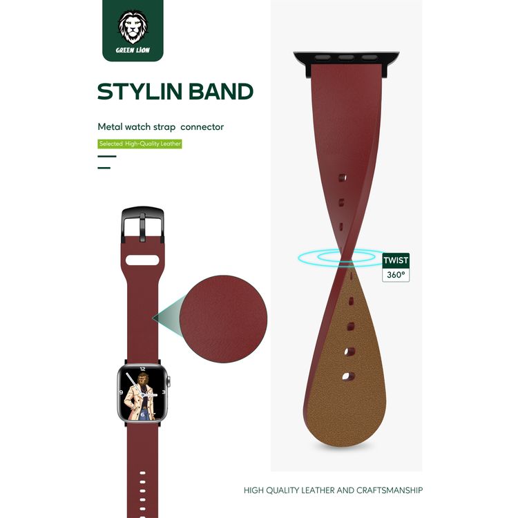 Green Lion Stylin Leather Watch Strap Band for Apple Watch 42/44mm, Metal Buckle Lock, Water & Sweat Resistant, 360° Twist, Breathable & Comfortable, Skin-Friendly - Red