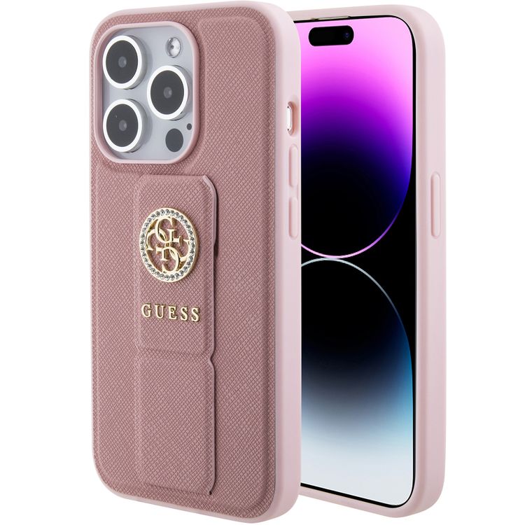 Guess Gripstand Saffiano Case with 4G Strass Metal Logo - Pink - iPhone 15 Pro Max