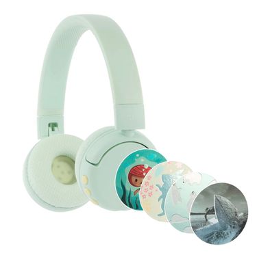 سماعات رأس BuddyPhones Pop Fun للأطفال مع عمر بطارية 24 ساعة، عناصر تحكم مدمجة، وسائد مضادة للحساسية، ملصقات زخرفية، صوت آمن - أخضر فاتح