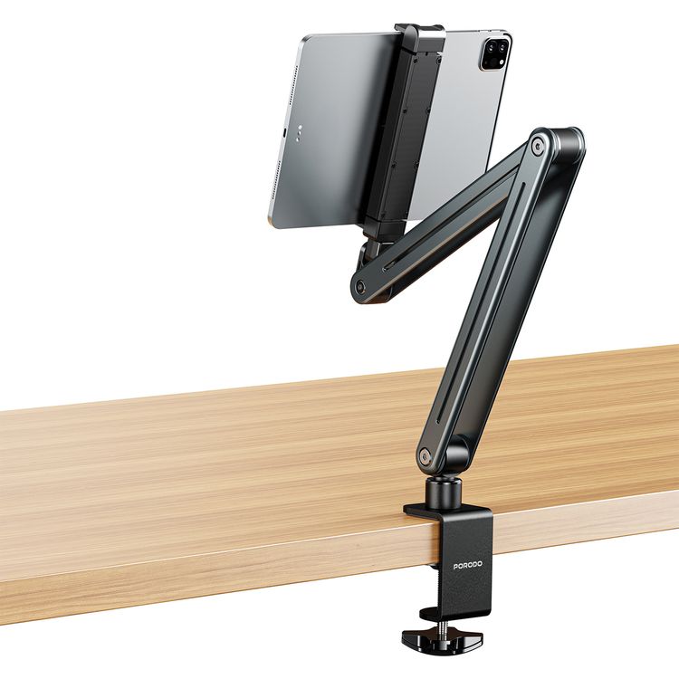 حامل الهاتف والتابلت متعدد الوصلات من Porodo بزاوية مشاهدة مرنة، مصنوع من سبيكة الألمنيوم، وظائف الالتواء والإمالة، توافق واسع - رمادي