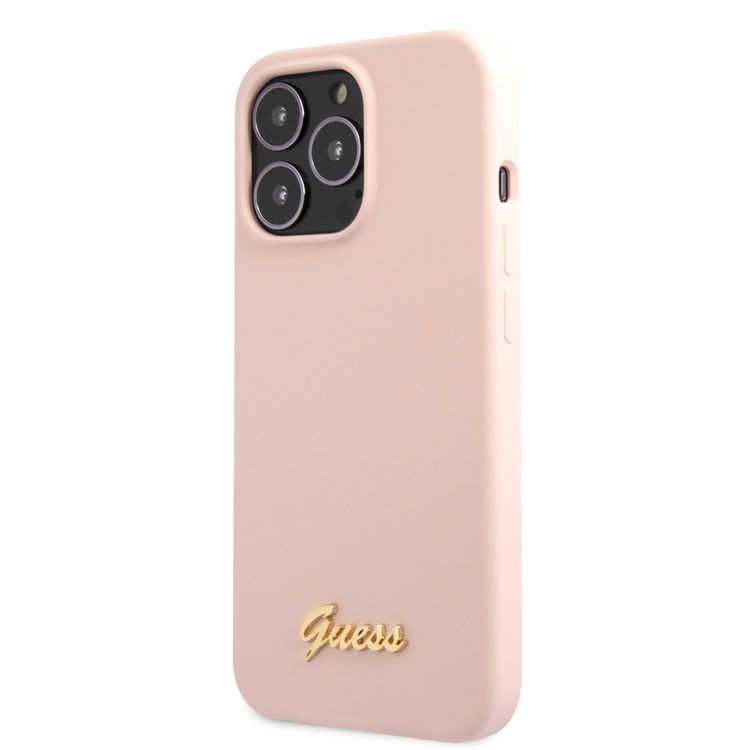 CG MOBILE Guess Liquid Silicone Case with Gold Metal Logo Script Compatible for iPhone 13 Pro (6.1") Anti-Scratch, Easy Access to All Ports, Shock Absorption