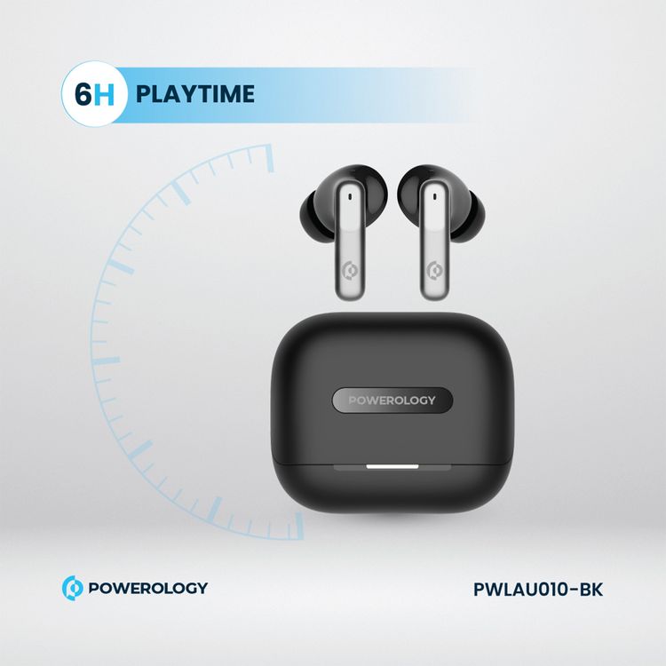 Powerology Hybrid True Wireless Earbuds with ANC + ENC, 6 Microphone, Bluetooth Version 5.3 & Type-C Charging Port - Black 