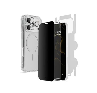 Porodo 360° Shield Series for iPhone 17 Pro Max with 5-in-1 Privacy, Protection & Crystal Clear, HD Clear Screen Protector, Privacy Screen Protector, Camera Lens Protector, MagSafe Clear Case, Back Film Protector, Drop-Tested Military Grade Protection - Clear