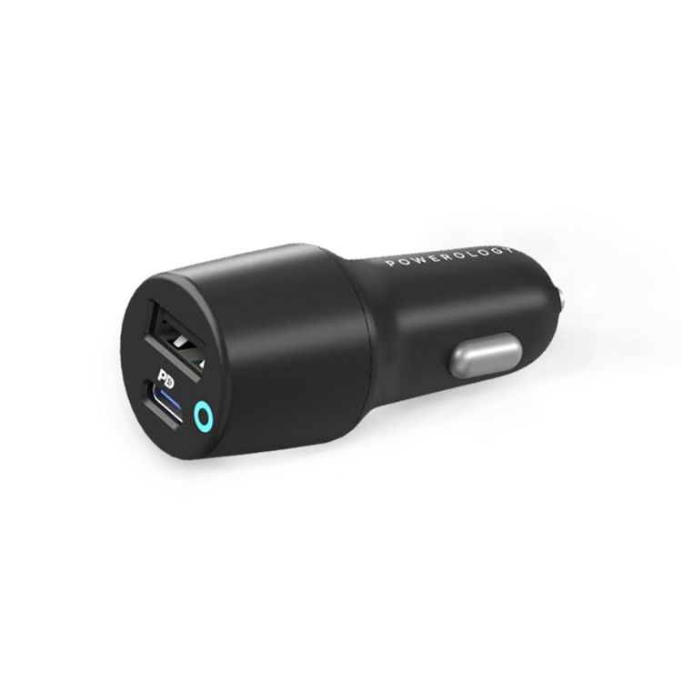 Powerology Dual Port Car Charger with USB-A & USB-C Ports, PD 35W, 47W Total Power, USB-C to Lightning Cable, 1.2m Cable Length, Fast Charging - Black