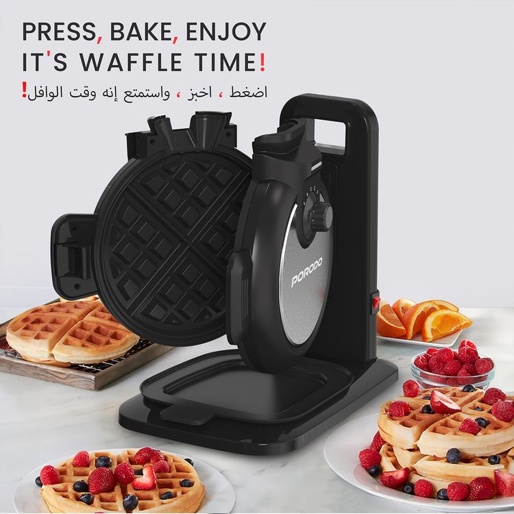 Porodo Vertical Waffle Maker with 5 Heat Levels, 210mL Capacity, 800W Power, Up to 5:30 Minutes Waffle Making Time, Non-Stick Plate, Batter Tray - Black