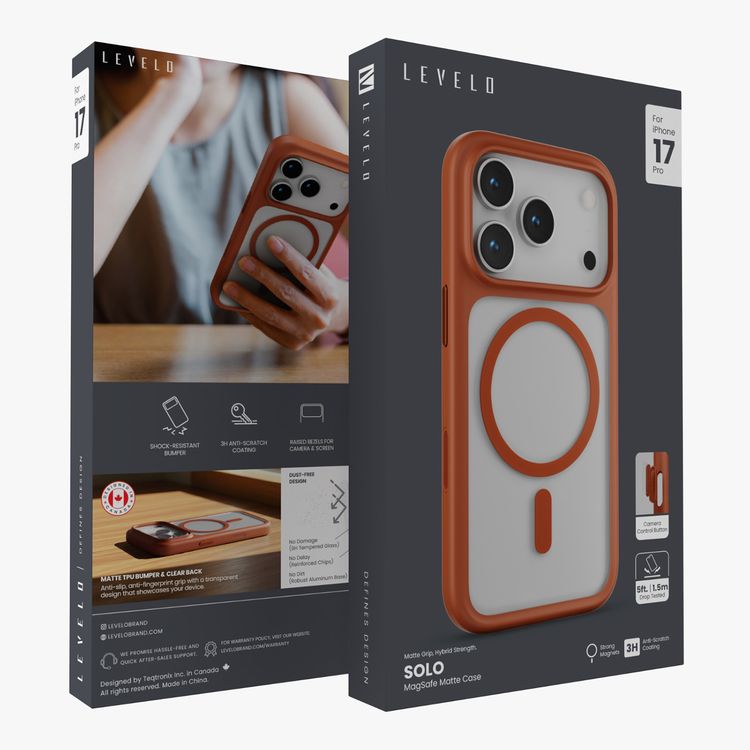 Levelo Solo Matte MagSafe Case for iPhone 17 Pro, 9H Tempered Glass, 3H Anti-Scratch Coating, Raised Bezels for Camera & Screen, Clear Back with Matte TPU Bumper, Anti-Fingerprint, Dust-Free Design - Orange