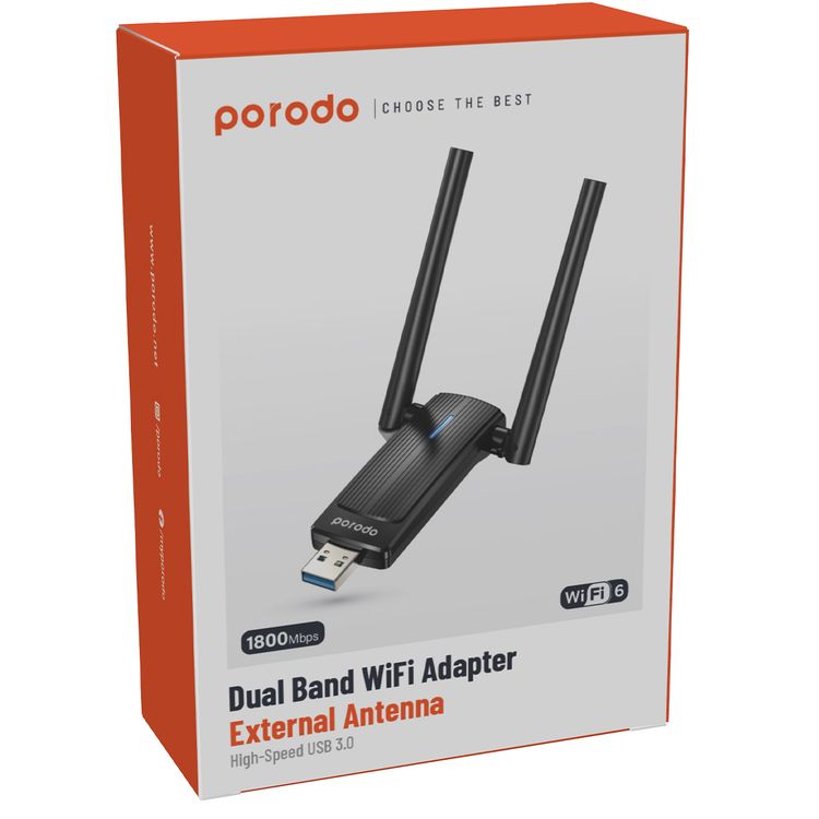 Porodo Dual Band WiFi Adapter with External Antenna, High-Speed USB 3.0, Windows OS Compatibility - Black