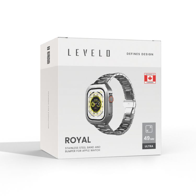 Levelo Royal Stainless Steel Strap & Case for Apple Watch 49mm, Butterfly Clasp, Adjustable Links, Quick & Convenient Removal - Silver