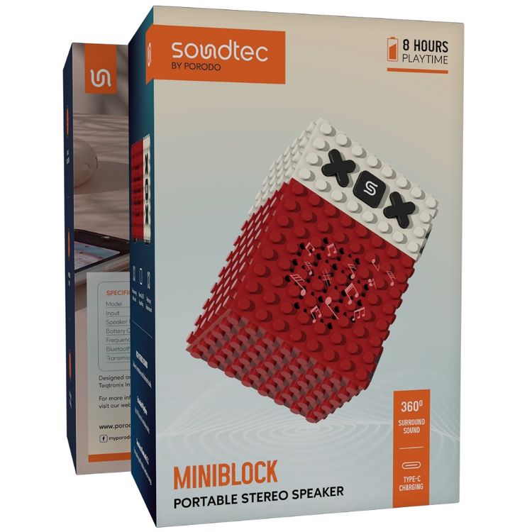 Porodo Soundtec MiniBlock Portable Stereo Speaker with Playful Block Design, 360° Surround Sound, Extended Playtime, Immersive Audio, USB-C Charging - Black 