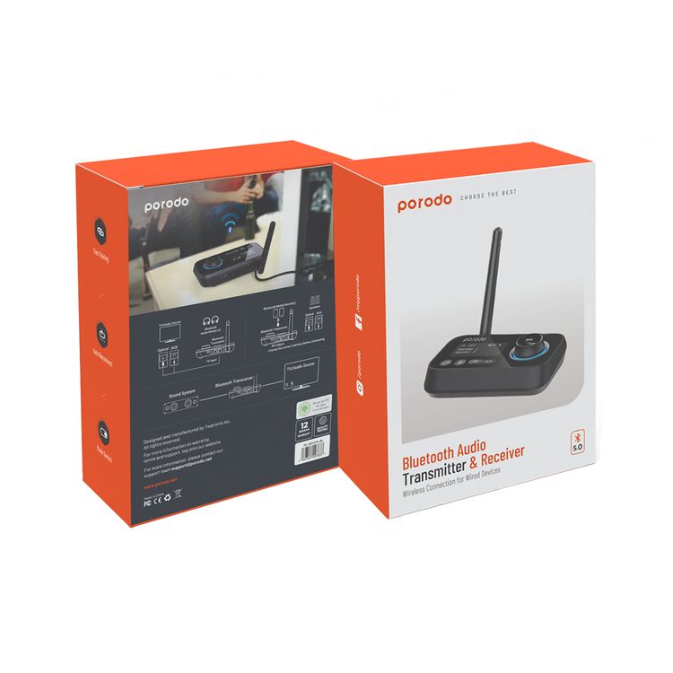 Porodo 3-in-1 Bluetooth Audio Transmitter & Receiver with Wireless Connection for Wired Devices, Fast Pairing, Auto Reconnect, Mode Switch - Black