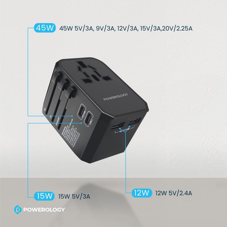 Powerology Universal Multi-Port Travel Charger with 45W Power Delivery, 8A Dual Fuse, Simultaneous Charging, Built-in Safeguards, Fast Charging, Active Protect - Black