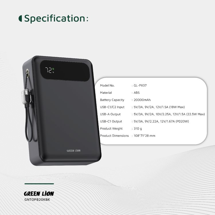 باور بانك جرين ليون توليدو بقوة 10000 مللي أمبير PD 20W مع حزام كابل من USB-C إلى USB-C، ومخرجات USB-A وUSB-C، معتمد للطيران، بشاشة رقمية وشحن سريع - أسود