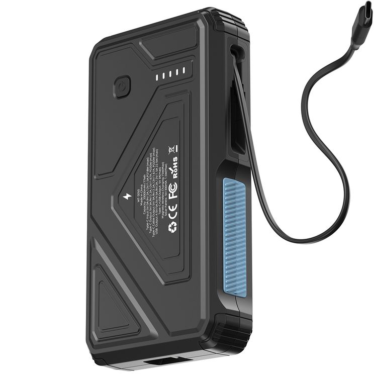 Powerology 20000mAh Solar Wireless Charging Power Bank with Simultaneous Charging, Multi-Mode Flashlight, 0% - 65% Charging in 35 Minutes, 70mm Cable Length - Black