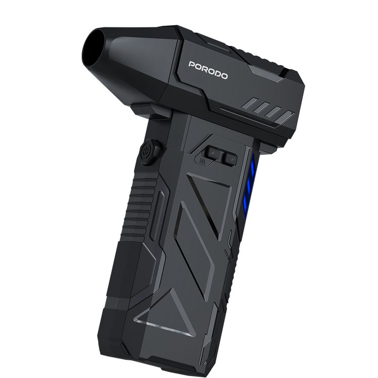Porodo Lifestyle Turboblast Portable Air Blower with Air Nozzle Attachment, Up to 32 Minutes Working Time, 3 Adjustable Speed Levels, 160W Output Power, Low-Noise Operation, 130000RPM Motor Speed, USB-C Charging Port - Black