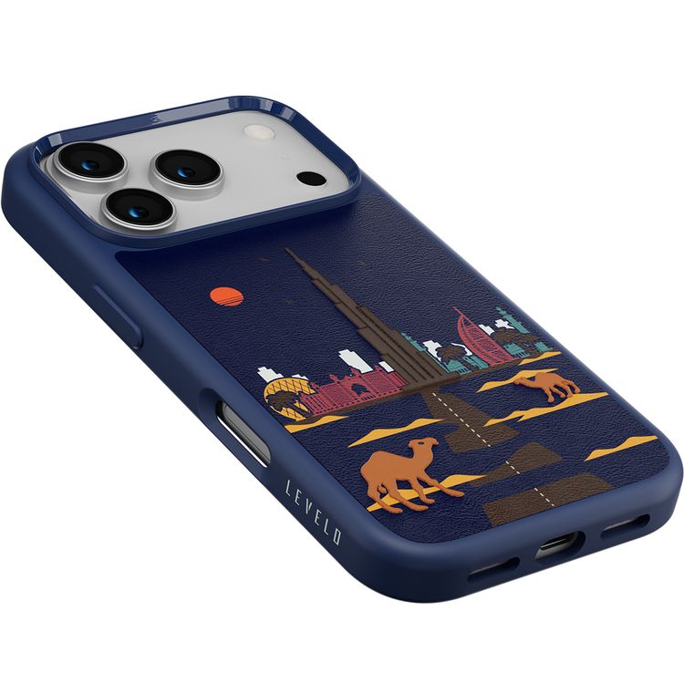 Levelo Vallo PU Leather Case for iPhone 17 Pro with Embroidery Dubai Finish, Comfortable Hold, Durable PU Leather, Raised Bezels for Camera and Screen, True Microfiber Interior Lining, Scratch & Wear Resistant, Shock-Resistant Bumper - Cobalt Blue