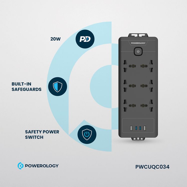 Powerology Power Strip with Power Switch, 20W PD, 3m, UK Plug, 5V/3A Simultaneous Use, 2 USB-C Ports, 2 USB-A Ports, 6 AC Sockets - Black