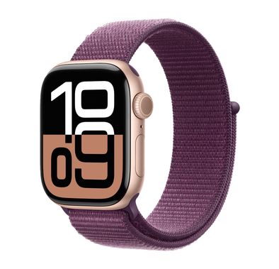 ساعة Apple Watch Series 10 GPS مقاس 46 مم بهيكل من الألومنيوم باللون الذهبي الوردي مع حزام رياضي من Plum، وعمر بطارية يصل إلى 18 ساعة، وبلوتوث 5.3، وشاشة Retina LTPO3 دائمة التشغيل - باللون الذهبي الوردي