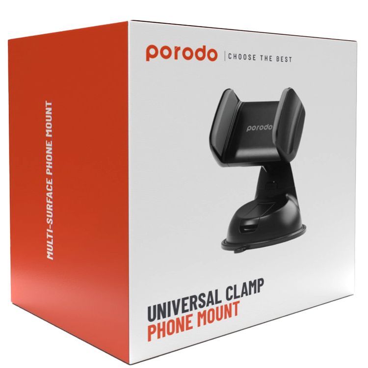 Porodo Universal Phone Mount with Adjustable Clamp, Strong Suction Base, 360° Rotation, Up to 6.5'' Devices Compatibility, One-Hand Operation, Vertical and Horizontal Phone Positioning - Black 