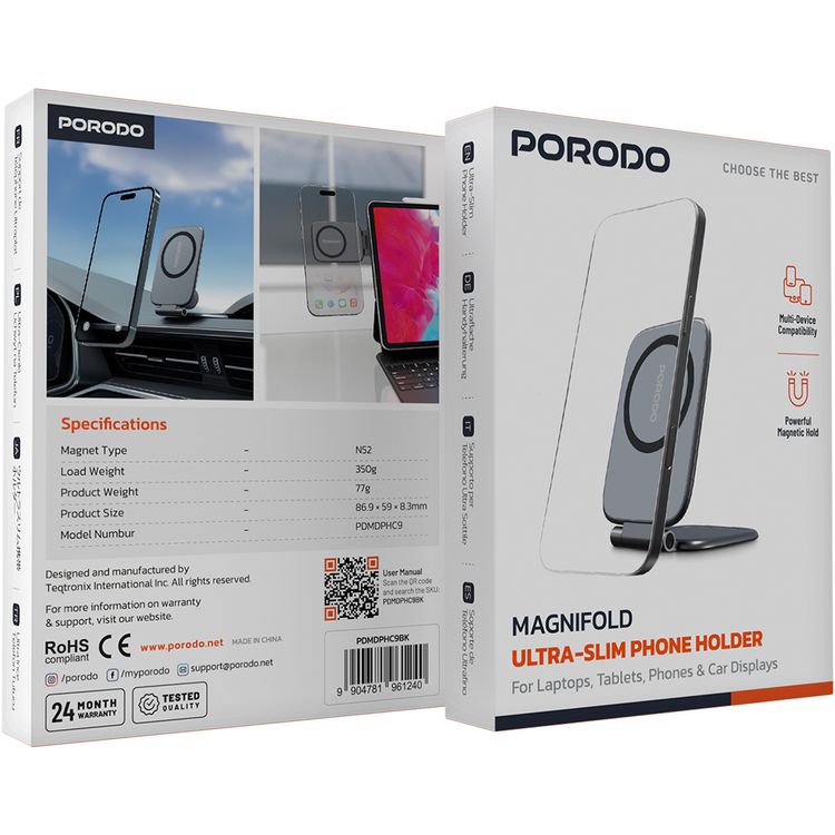 Porodo Magnifold Ultra-Slim Phone Holder for Multiple Device Compatibility, N52 Magnet Type, 350g Load Weight, Powerful Magnetic Hold - Black