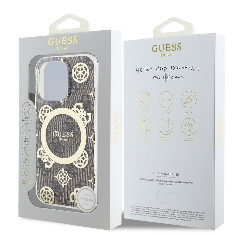 Guess Magsafe IML 4G Design Hard Case with Peony for iPhone 16 Pro, High Quality Material, Lightweight, Comfortable and Secure Grip - Brown
