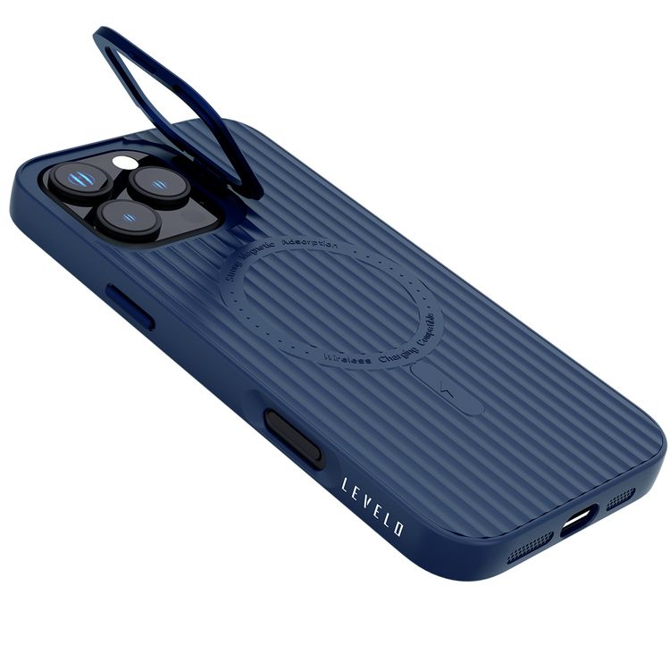Levelo Livia Case for iPhone 16 Pro with MagSafe Compatibility, Impact-Resistant Corners, Built-in Kickstand, TPU with Silicone Surface, Metal Camera Ring - Blue