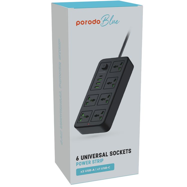 Porodo Blue 6 AC Universal Sockets Power Strip with Type-C, 3 USB-A UK, 3m Cable Length, Universal Sockets - Black