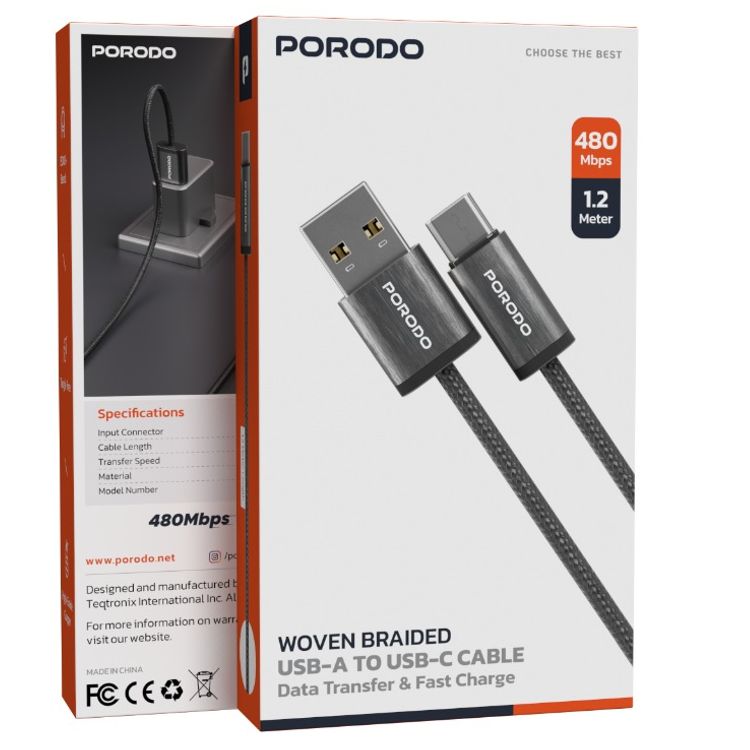 كابل بورودو USB-A إلى USB-C مضفر بطول 1.2 متر، شحن سريع ونقل البيانات، تصميم مقاوم للتشابك، مكونات عالية الجودة - أسود