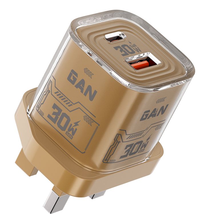 Porodo TEZCLARTÉ Quick Wall Charger with Dual Port Fast Charging, Flame Retardant Housing, Transparent Design, PD 30W USB-C Output, QC 20W USB-A Output - Khaki