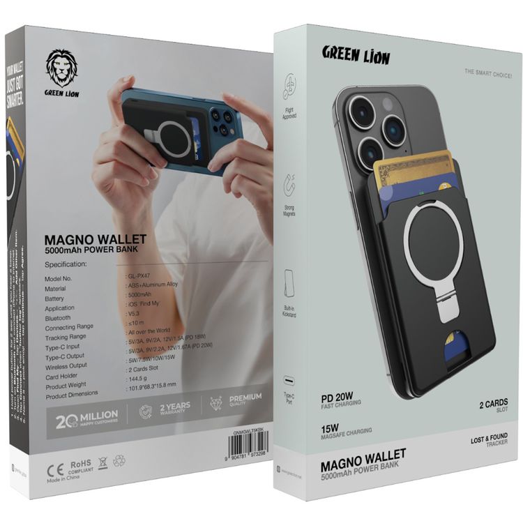 محفظة جرين ليون ماجنو مع بنك طاقة مدمج بقوة 5000 مللي أمبير، إصدار بلوتوث 5.3، مدى تتبع في جميع أنحاء العالم، حاملة مدمجة، تتبع العناصر المفقودة والمكتشفة، معتمد للطيران، خرج لاسلكي يصل إلى 15 واط، فتحتان للبطاقات - أسود