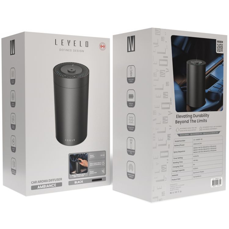 Levelo Ambiance Car Aroma Diffuser, 2000 mAh Battery Capacity, Aluminum + Plastic Material, 5 Hours Charging Time, 14 Hours Working Time, Type-C Charging Port - Black