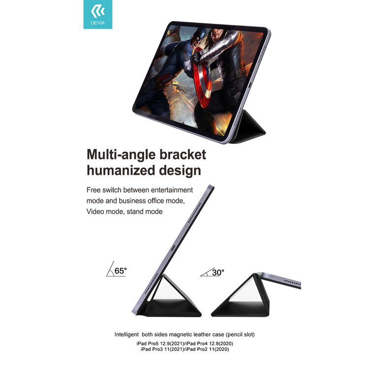 Devia Intelligent Both Sides Magnetic Leather Case with Pencil Slot Compatible for iPad Pro 12.9" (2021) Lightweight & Thin Design Cover with Intelligent Sleep & Adjustable Bracket