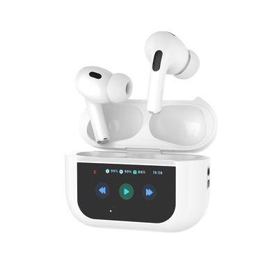 Porodo Blue AirPods Pro2 with Screen, Deep Bass, Touch Control, Camera Shutter, Music Playback, Call Management, 20 Hours Working Time, 1.47 inches Screen size - White