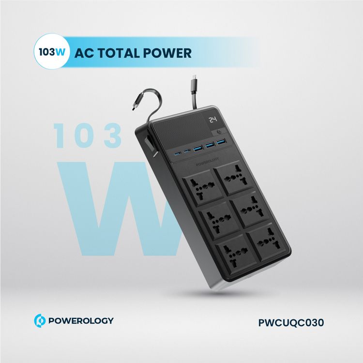 Powerology 2500W Power Strip with 6 AC Sockets & Built-in Retractable Cables, 5 USB Ports, USB-C & Lightning Outputs, Built-in Safeguards, Fire-Proof Material, 24H Timer, Simultaneous Charging, 70cm Cables Length & 3m Power Cord Length - Black