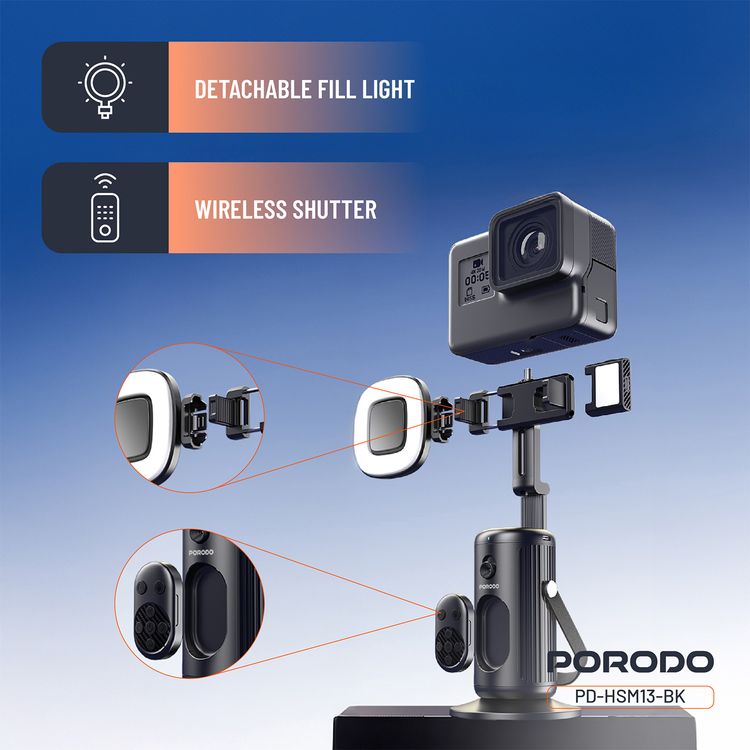 Porodo Face Tracking Smart Mount with Wireless Shutter, Detachable Fill Light, Gesture Control, Lightweight Design, 1800 mAh Battery - Black