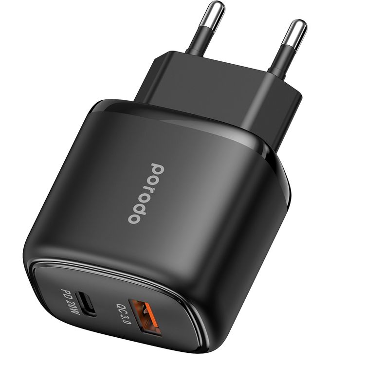 Porodo Dual Output Quick Charger with 20W Power Delivery, QC 18W, EU 2-Pin Plug, Simultaneous Charging, Overheat Protection, 18W USB-A QC Output, Reliable Companion - Black