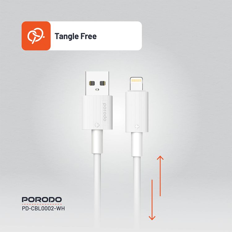 كابل USB A إلى Lightning PVC من Porodo، 480 ميجابايت في الثانية، تيار 2.4 أمبير، عمر افتراضي يزيد عن 15000 ثنية، طول الكابل 1.2 متر، خالٍ من التشابك - أبيض